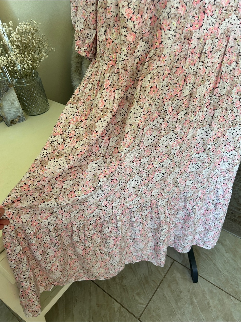 H&M brown tan cream, pink floral cottage V-neck tiered summer maxi dress XL - Picture 6 of 15